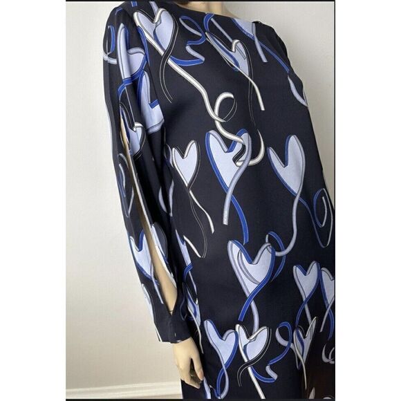 ESCADA RIBBON & HEART PRINT OPEN SLEEVES MIDI SHIFT DRESS SIZE 36 Medium - Picture 8 of 9